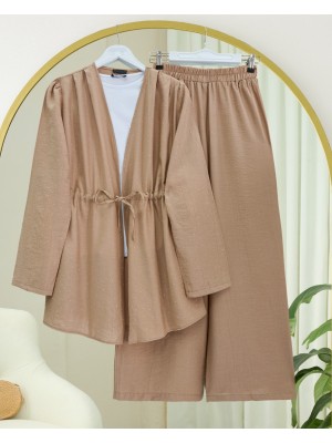 Taşlı Bol Paça Pantolonlu Tünel Bağcıklı Kimono Takım -Vizon