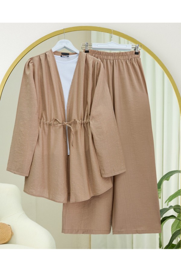Taşlı Bol Paça Pantolonlu Tünel Bağcıklı Kimono Takım -Vizon