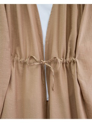 Taşlı Bol Paça Pantolonlu Tünel Bağcıklı Kimono Takım -Vizon