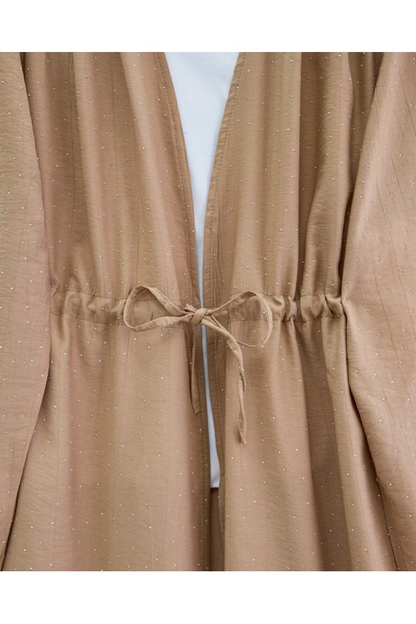 Taşlı Bol Paça Pantolonlu Tünel Bağcıklı Kimono Takım -Vizon