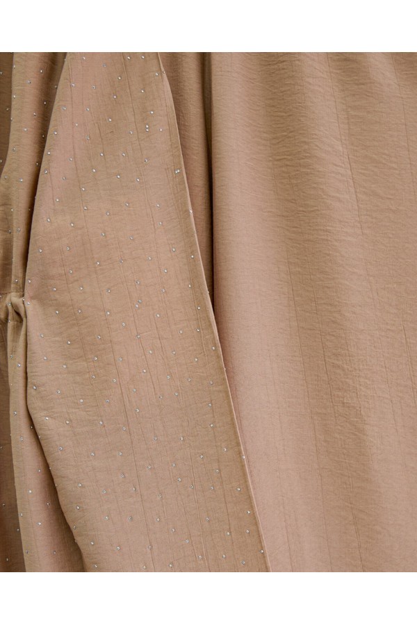 Taşlı Bol Paça Pantolonlu Tünel Bağcıklı Kimono Takım -Vizon