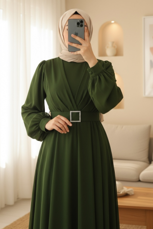 Belted Stone Front Pleated Hijab Dress     -Khaki