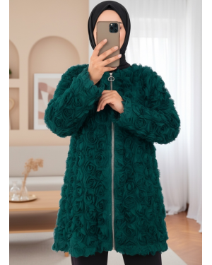 Zippered Front Tulle Cape with Rose Detail -Emerald