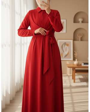 Half Buttoned Front Cross Tie Dress  -Red