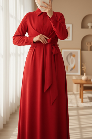 Yarım Düğmeli Önü Çapraz Bağlamalı Elbise  -Kırmızı