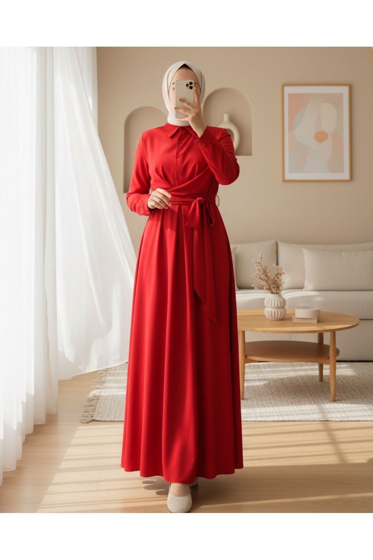 Half Buttoned Front Cross Tie Dress  -Red
