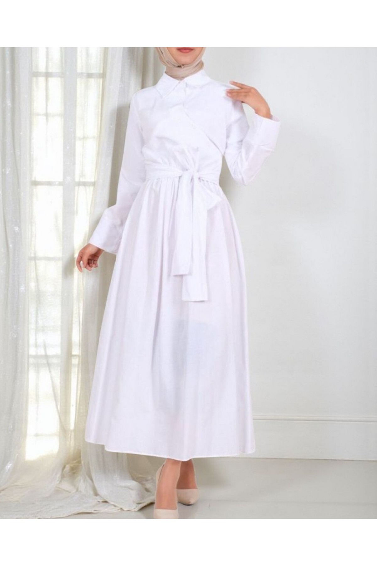 Cross-Buttoned Tied Waist Shirt Collar Dress -White