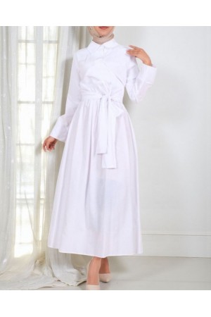 Çapraz Düğmeli Beli Bağlamalı Gömlek Yaka Elbise -Beyaz