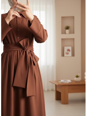 Cross-Buttoned Tied Waist Shirt Collar Dress -Brown