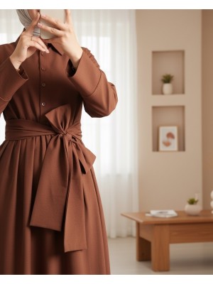 Çapraz Düğmeli Beli Bağlamalı Gömlek Yaka Elbise -Kahve