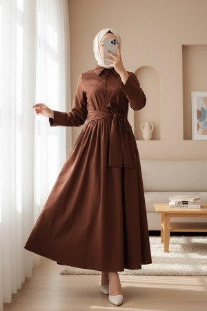 Çapraz Düğmeli Beli Bağlamalı Gömlek Yaka Elbise -Kahve