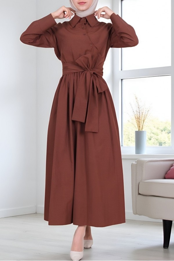 Cross-Buttoned Tied Waist Shirt Collar Dress -Brown