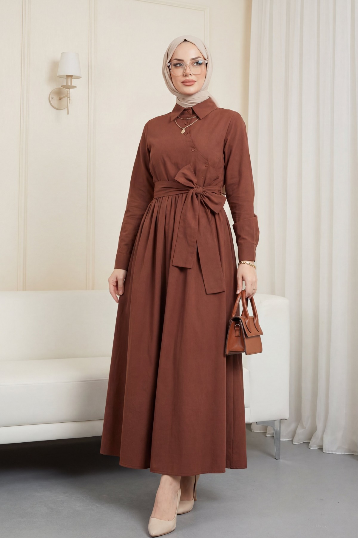 Cross-Buttoned Tied Waist Shirt Collar Dress -Brown