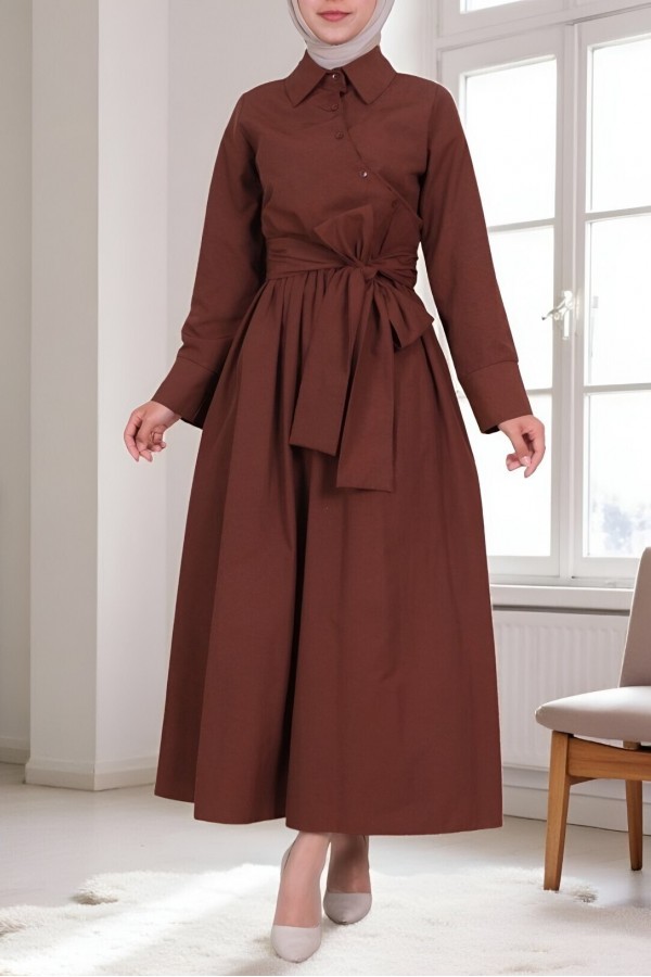 Cross-Buttoned Tied Waist Shirt Collar Dress -Brown