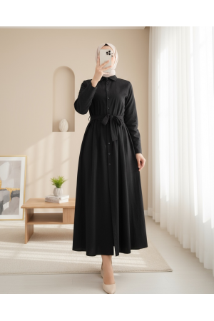 Çapraz Düğmeli Beli Bağlamalı Gömlek Yaka Elbise -Siyah