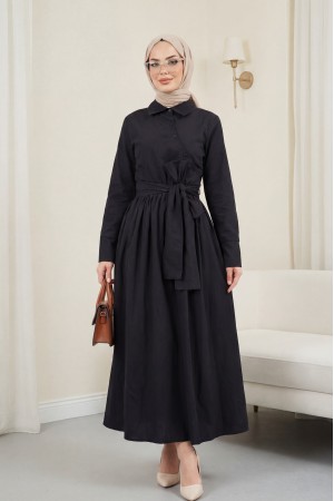 Cross-Buttoned Tied Waist Shirt Collar Dress -Black