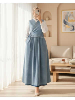 Yandan Bağlamalı Yelek Etek Kot Takım -Buz Mavi