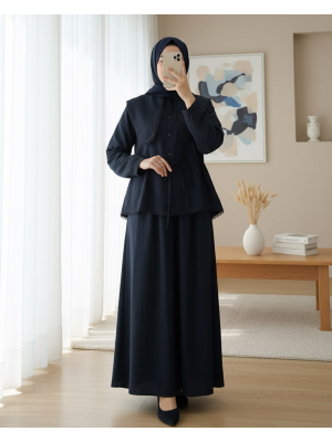 Güpür Detaylı Yandan Bağcıklı Önlük Yaka Etekli Takım  -Siyah