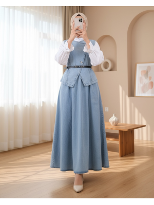 Düğmeli Yeleği Kemerli Etekli Kot Takım  -Buz Mavi