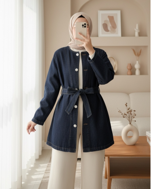 Kemerli Düğmeli Yuvarlak Yaka Kot Ceket -K.Laci