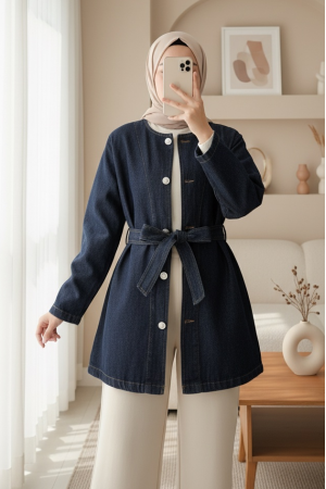 Belted Buttoned Round Neck Denim Jacket -dark lacquer