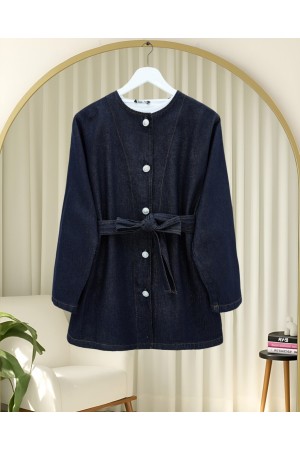 Kemerli Düğmeli Yuvarlak Yaka Kot Ceket -K.Laci