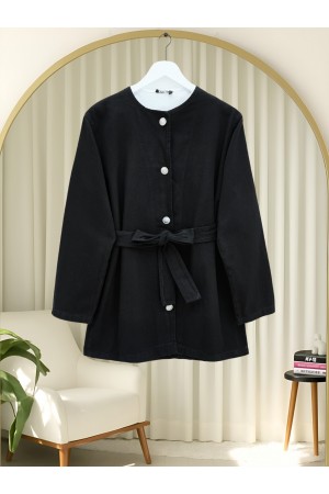 Belted Buttoned Round Neck Denim Jacket -Black