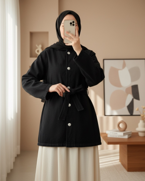 Kemerli Düğmeli Yuvarlak Yaka Kot Ceket -Siyah