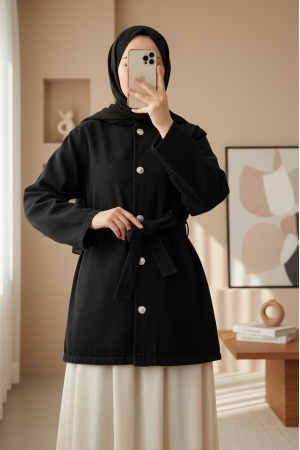 Belted Buttoned Round Neck Denim Jacket -Black