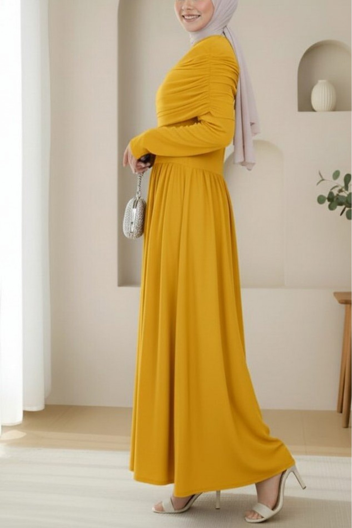 Long Sandy Dress with Pleat Detail -Yellow