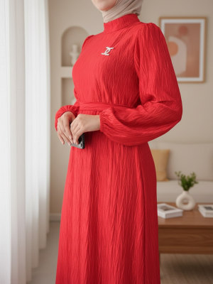 Kemerli Pliseli Saten Elbise   -Kırmızı