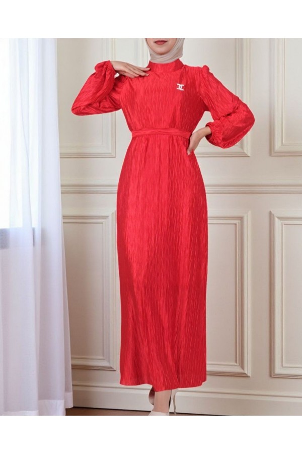 Pleated Satin Dress with Belt   -Red