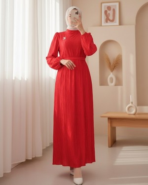 Kemerli Pliseli Saten Elbise   -Kırmızı