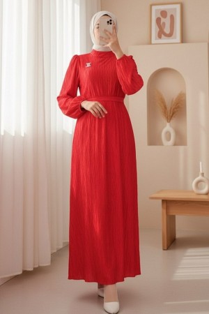 Kemerli Pliseli Saten Elbise   -Kırmızı