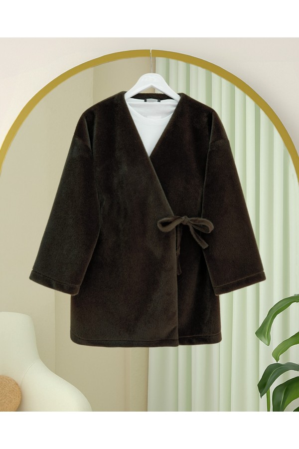 Side Tie Fur Jacket  -Dark Coffee