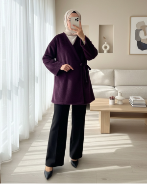 Yandan Bağlamalı Kürklü Ceket  -Mürdüm