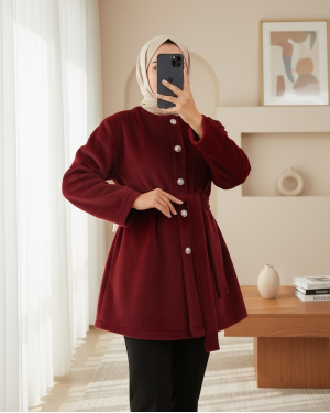 Düğmeli Beli Bağlamalı Kürklü Ceket  -Bordo