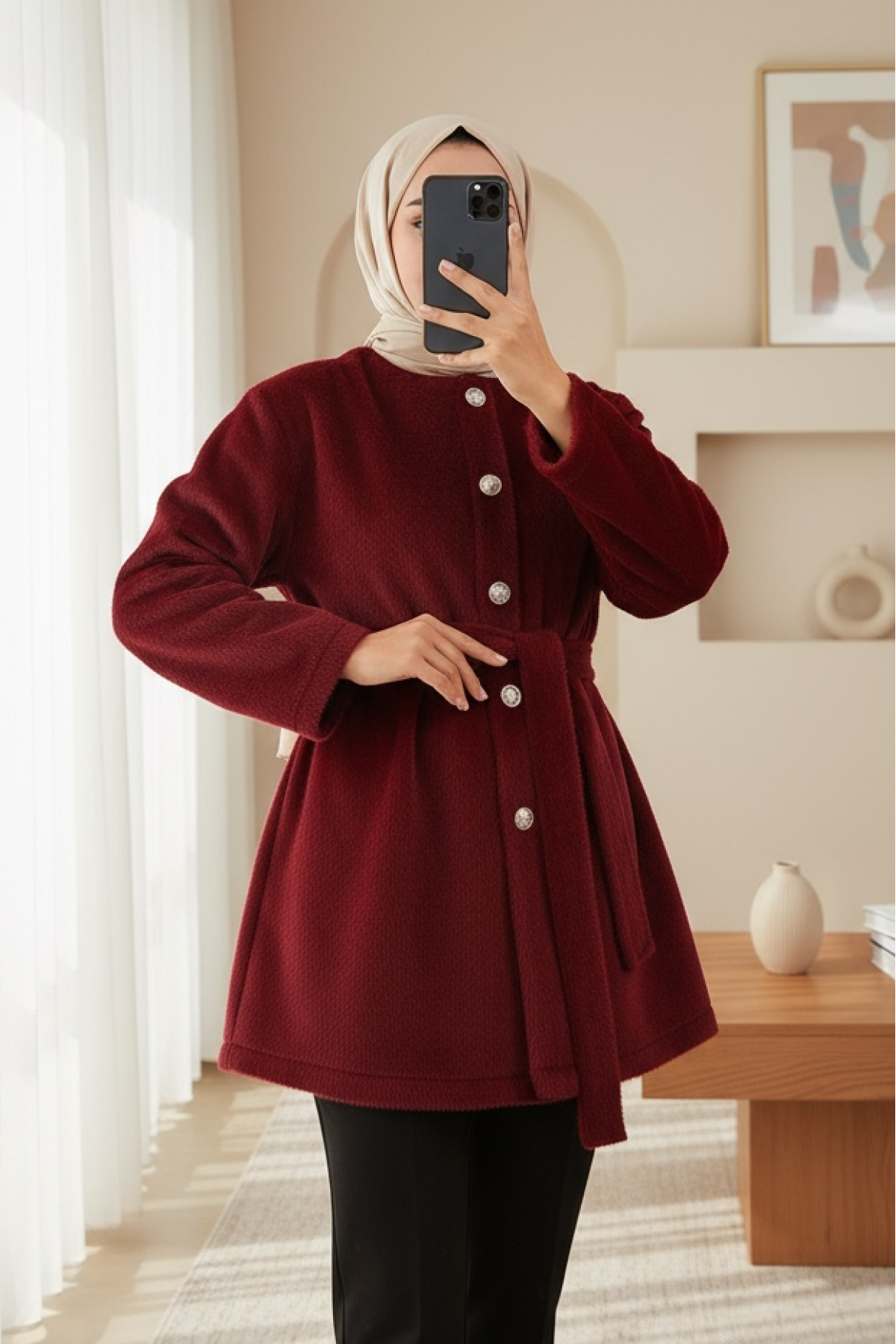 Düğmeli Beli Bağlamalı Kürklü Ceket  -Bordo