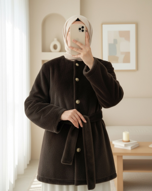 Düğmeli Beli Bağlamalı Kürklü Ceket  -K. Kahve