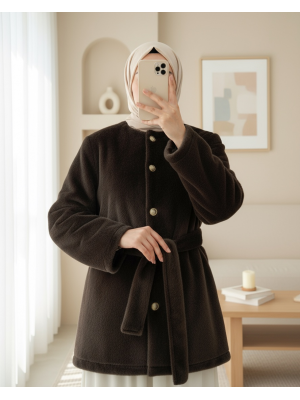 Düğmeli Beli Bağlamalı Kürklü Ceket  -K. Kahve