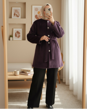 Düğmeli Beli Bağlamalı Kürklü Ceket  -Mürdüm