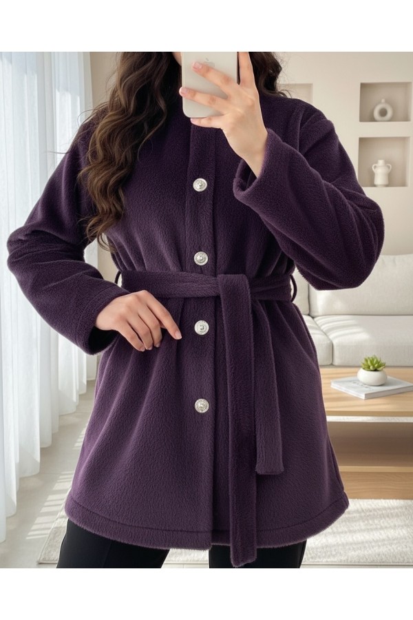 Buttoned Waist Tied Fur Jacket  -Damson