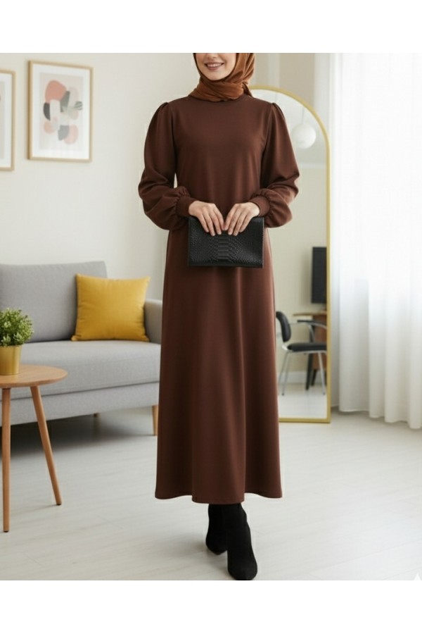 Round  Neck Long Oysh Dress -Brown