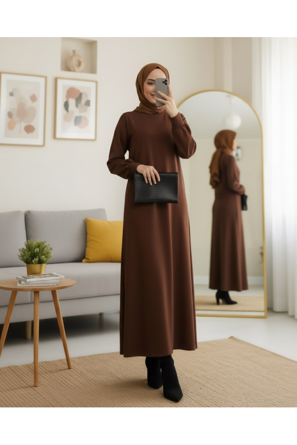 Round  Neck Long Oysh Dress -Brown