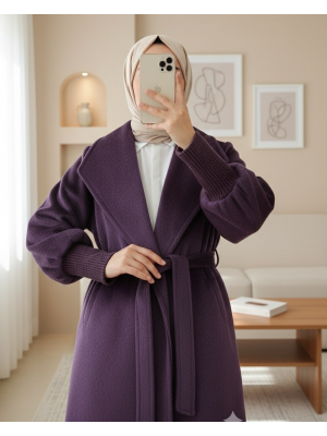 Kolu Ribanalı Şal Yaka Astarlı Kaşe Kaban   -Mürdüm