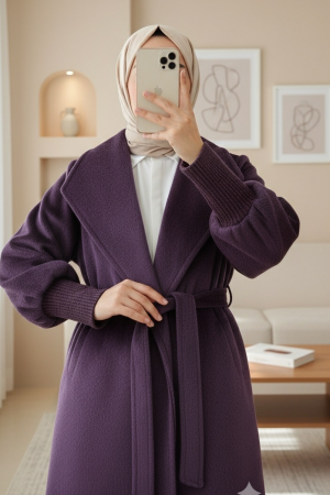 Kolu Ribanalı Şal Yaka Astarlı Kaşe Kaban   -Mürdüm