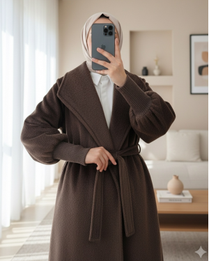 Shawl Collar Lined Cashmere Coat with Ribbed Sleeves    -Dark Coffee