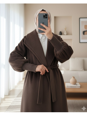 Kolu Ribanalı Şal Yaka Astarlı Kaşe Kaban    -K. Kahve