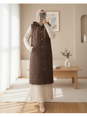 Kapşonlu Zincir Detaylı Cepli Kapitone Yelek -K. Kahve