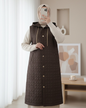 Hooded Chain Detailed Quilted Vest with Pockets -Dark Coffee
